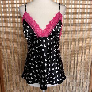 Lilac & London Satin Heart Print Lace Trim Cami Y2K Lingerie Style Top Small